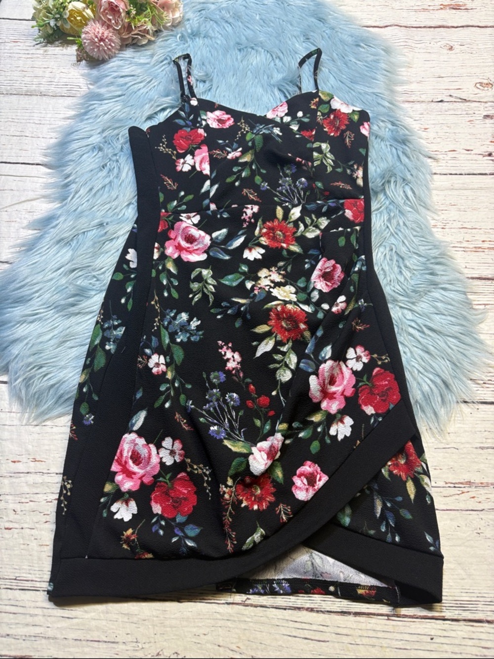 Almost Famous Black Dress with Pink, Red and Green Floral Accents sz L